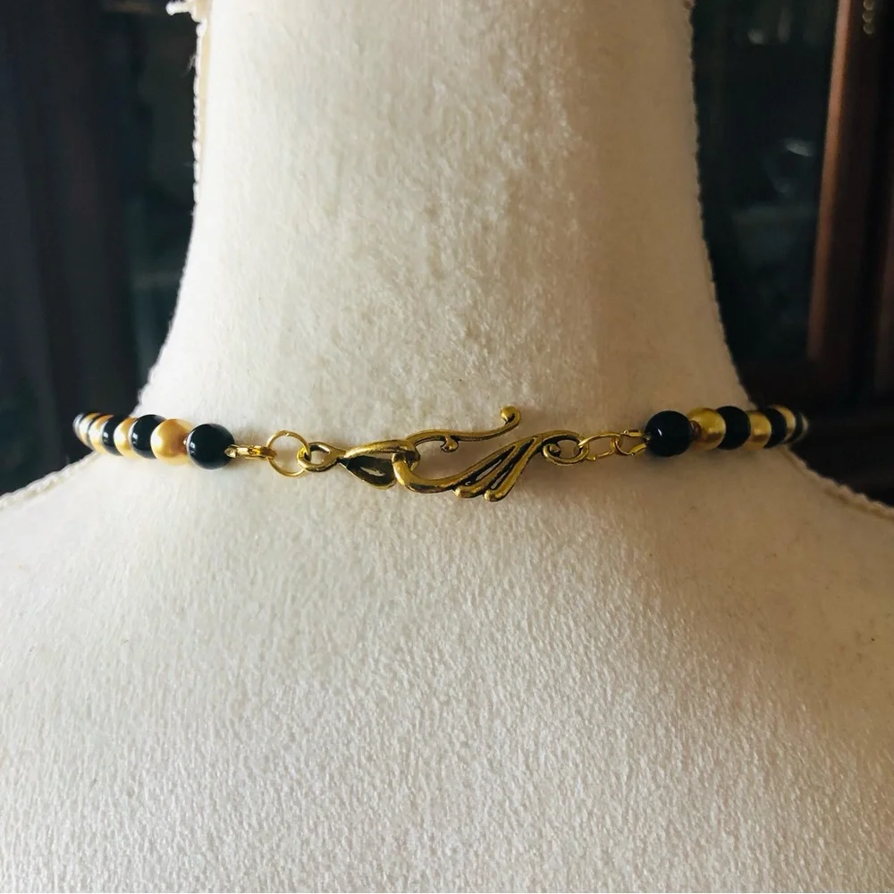 Handcrafted repurpose black and gold chain fringe Czech glass Pearl necklace